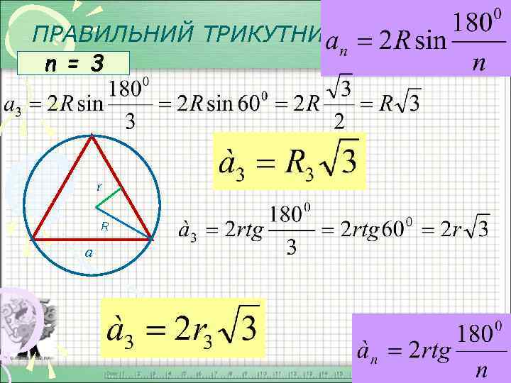 ПРАВИЛЬНИЙ ТРИКУТНИК n = 3 r R a 