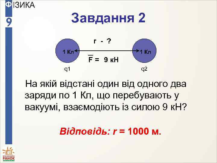Завдання 2 r - ? 1 Кл F = 9 к. Н q 1