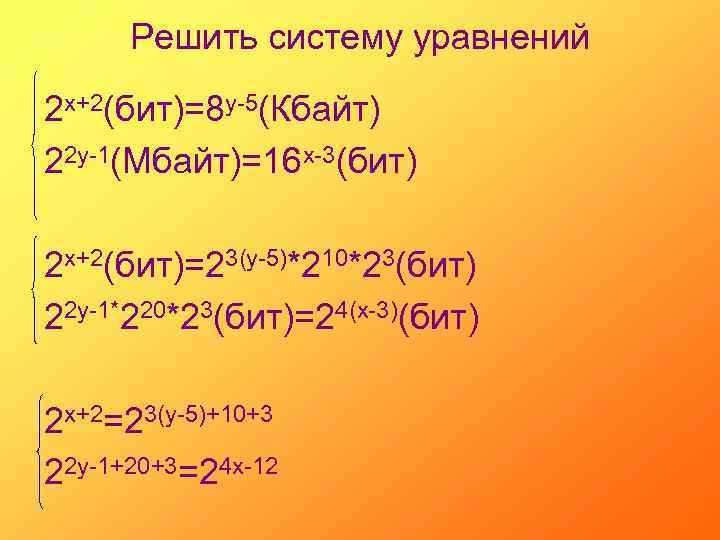 Решить систему уравнений 2 х+2(бит)=8 у-5(Кбайт) 22 у-1(Мбайт)=16 х-3(бит) 2 х+2(бит)=23(у-5)*210*23(бит) 22 у-1*220*23(бит)=24(х-3)(бит) 2