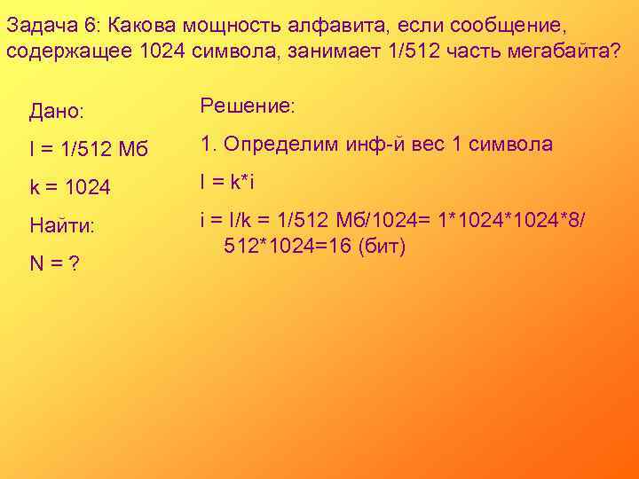 Задача 6: Какова мощность алфавита, если сообщение, содержащее 1024 символа, занимает 1/512 часть мегабайта?