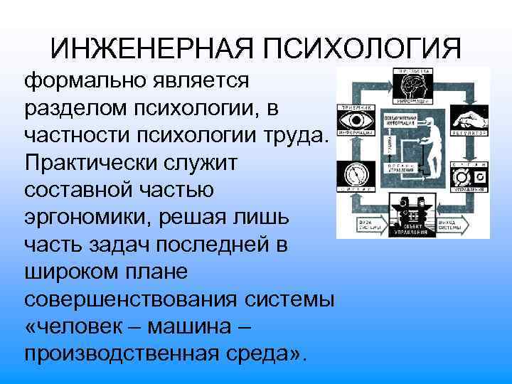 ИНЖЕНЕРНАЯ ПСИХОЛОГИЯ формально является разделом психологии, в частности психологии труда. Практически служит составной частью