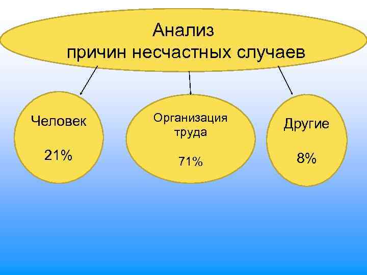Анализ причин несчастных случаев Человек 21% Организация труда Другие 71% 8% 