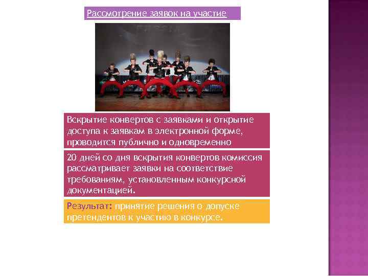 Рассмотрение заявок на участие Вскрытие конвертов с заявками и открытие доступа к заявкам в
