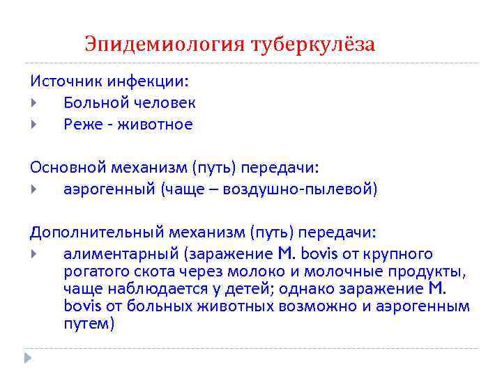 Эпидемиология туберкулёза Источник инфекции: Больной человек Реже - животное Основной механизм (путь) передачи: аэрогенный