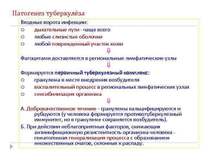 Патогенез туберкулёза Входные ворота инфекции: дыхательные пути - чаще всего любые слизистые оболочки любой