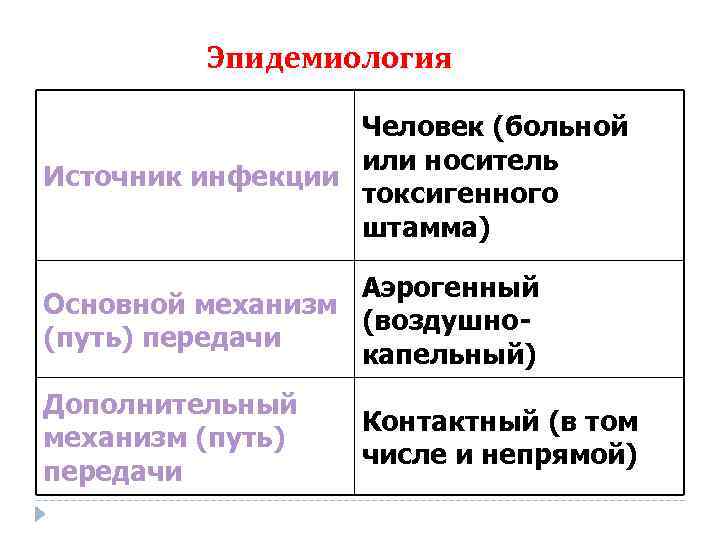 Эпидемиология Человек (больной или носитель Источник инфекции токсигенного штамма) Аэрогенный Основной механизм (воздушно(путь) передачи