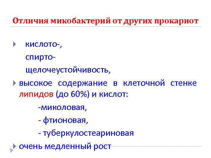 Отличия микобактерий от других прокариот кислото-, спиртощелочеустойчивость, высокое содержание в клеточной стенке липидов (до