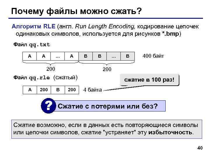 Почему файлы можно сжать? Алгоритм RLE (англ. Run Length Encoding, кодирование цепочек одинаковых символов,