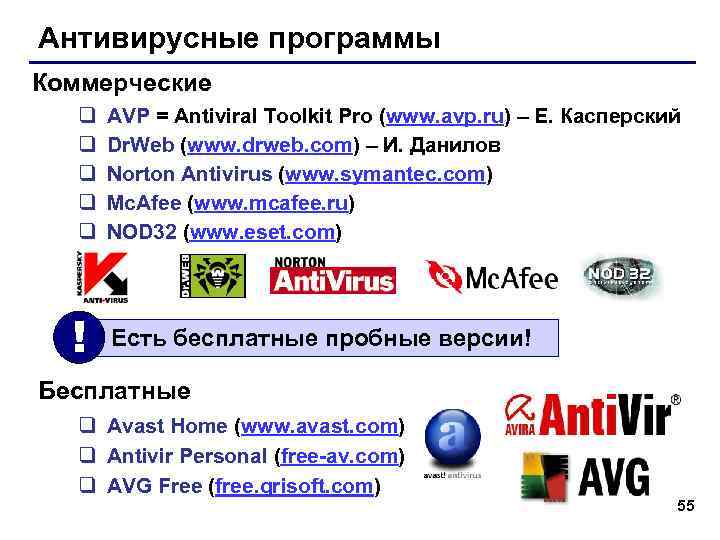 Антивирусные программы Коммерческие q q q ! AVP = Antiviral Toolkit Pro (www. avp.
