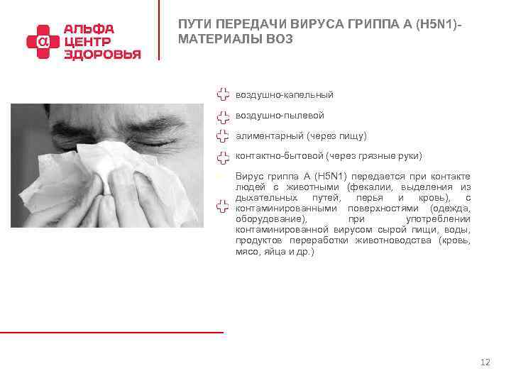 ПУТИ ПЕРЕДАЧИ ВИРУСА ГРИППА А (H 5 N 1)МАТЕРИАЛЫ ВОЗ n воздушно-капельный n воздушно-пылевой
