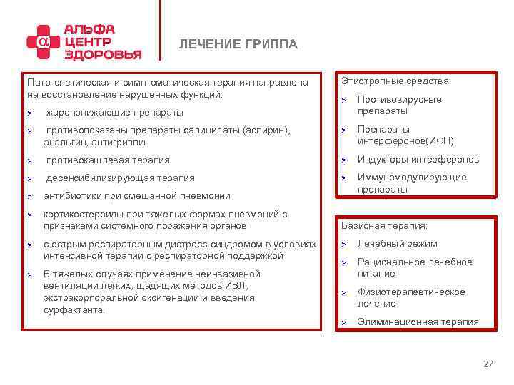 ЛЕЧЕНИЕ ГРИППА Патогенетическая и симптоматическая терапия направлена на восстановление нарушенных функций: Ø Этиотропные средства: