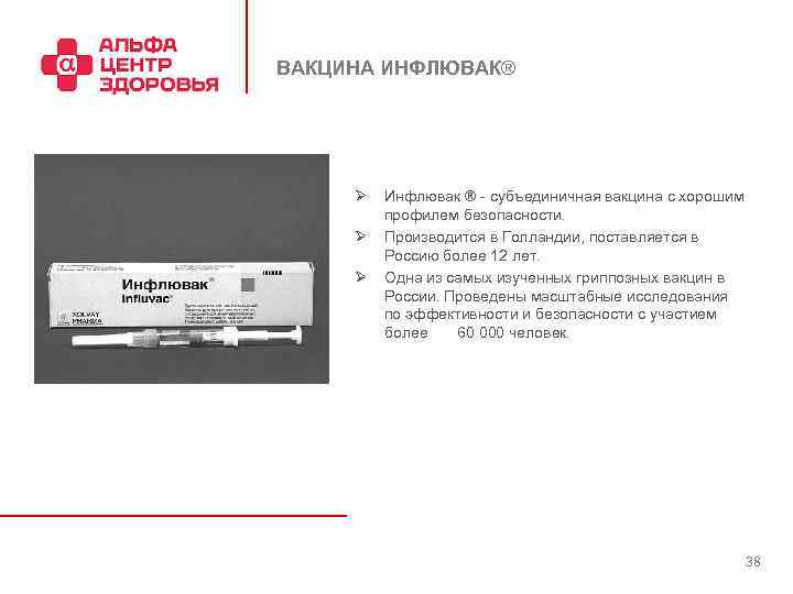 ВАКЦИНА ИНФЛЮВАК® Ø Ø Ø Инфлювак ® - субъединичная вакцина с хорошим профилем безопасности.