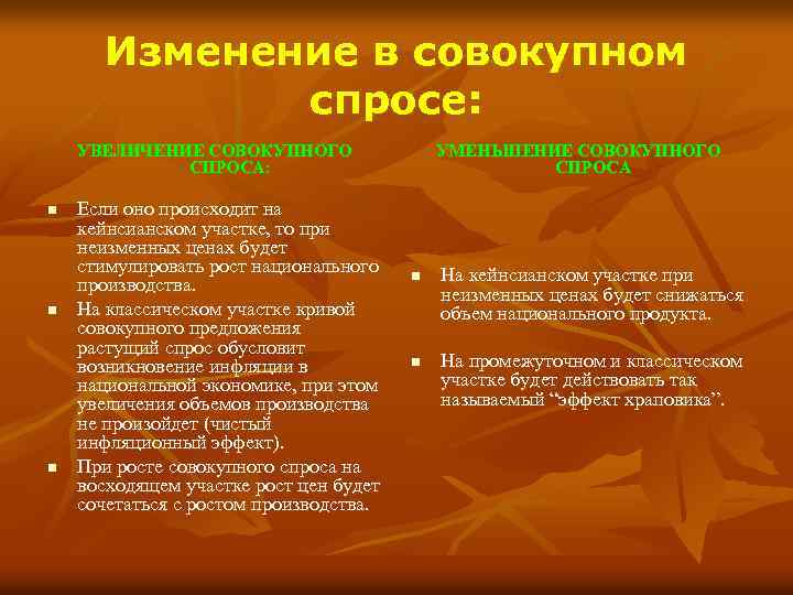 Изменение в совокупном спросе: УВЕЛИЧЕНИЕ СОВОКУПНОГО СПРОСА: n n n Если оно происходит на