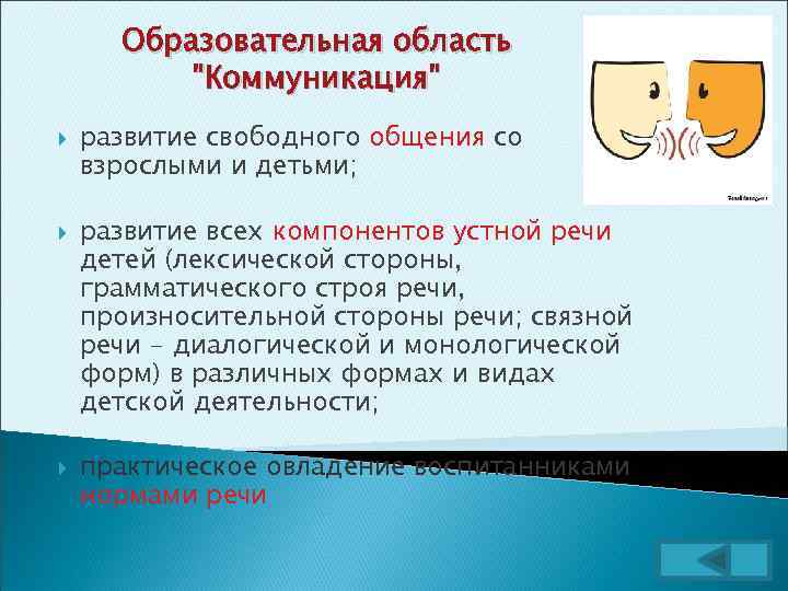 Образовательная область "Коммуникация" развитие свободного общения со взрослыми и детьми; развитие всех компонентов устной