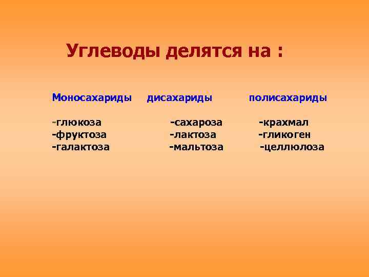 Углеводы делятся на : Моносахариды -глюкоза -фруктоза -галактоза дисахариды -сахароза -лактоза -мальтоза полисахариды -крахмал