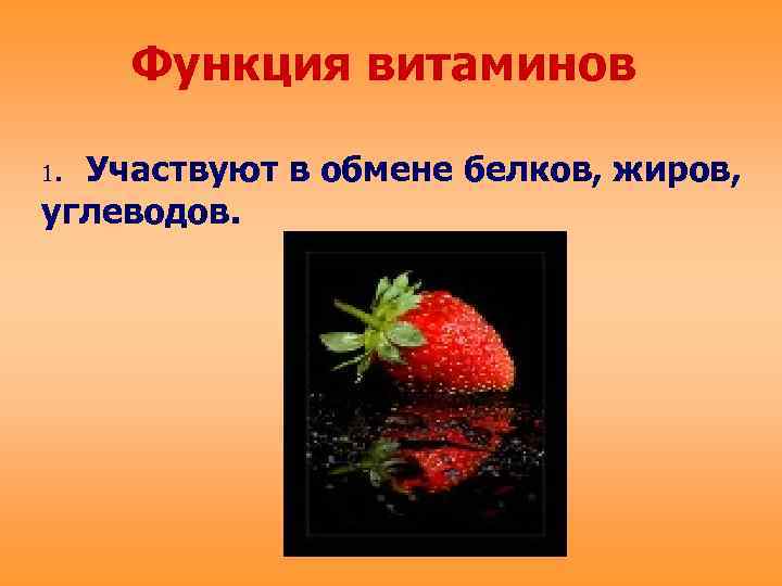 Функция витаминов. Участвуют в обмене белков, жиров, углеводов. 1 