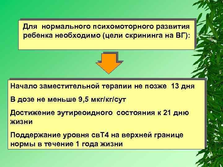 Для нормального психомоторного развития ребенка необходимо (цели скрининга на ВГ): Начало заместительной терапии не