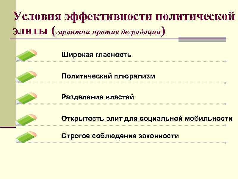 Условия эффективности политической элиты (гарантии против деградации) Широкая гласность Политический плюрализм Разделение властей Открытость