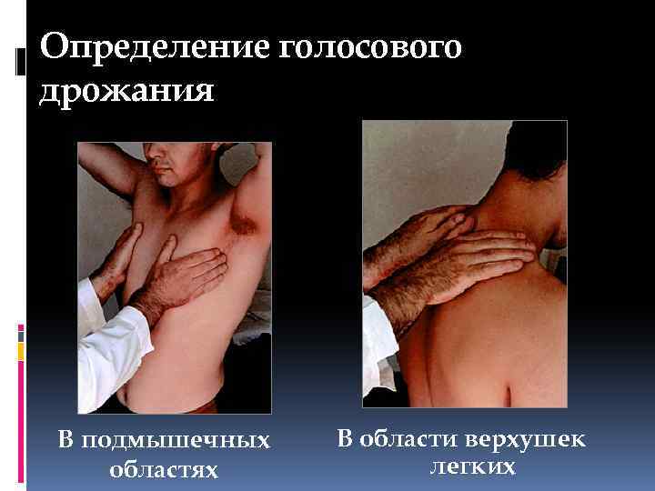 Определение голосового дрожания В подмышечных областях В области верхушек легких 