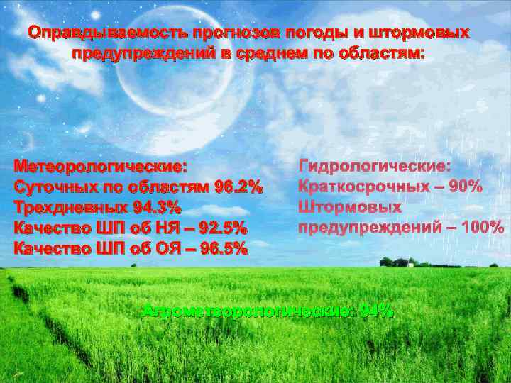 Оправдываемость прогнозов погоды и штормовых предупреждений в среднем по областям: Метеорологические: Суточных по областям