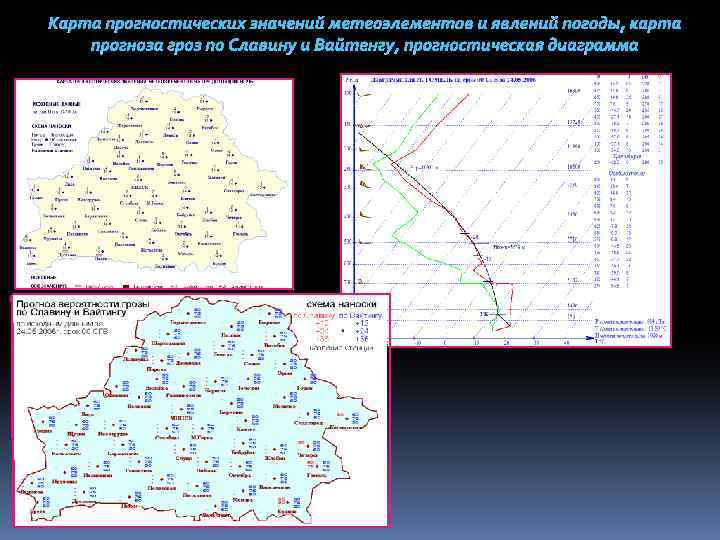 Карта прогностических значений метеоэлементов и явлений погоды, карта прогноза гроз по Славину и Вайтенгу,