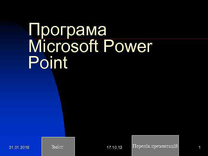 Програма Microsoft Power Point 31. 01. 2018 Зміст 17. 10. 12 Перелік презентацій 1