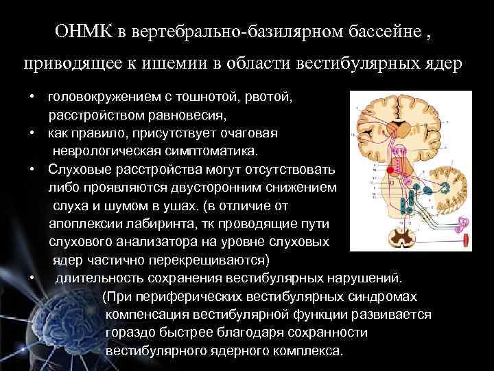 ОНМК в вертебрально-базилярном бассейне , приводящее к ишемии в области вестибулярных ядер • головокружением