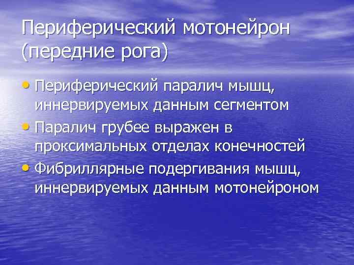 Периферический мотонейрон (передние рога) • Периферический паралич мышц, иннервируемых данным сегментом • Паралич грубее