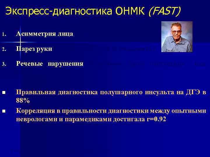 Экспресс-диагностика ОНМК (FAST) 1. Асимметрия лица (улыбка) 2. Парез руки (поднять обе руки и