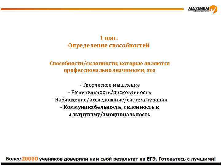 1 шаг. Определение способностей Способности/склонности, которые являются профессионально значимыми, это - Творческое мышление -