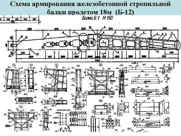 Схема армирования железобетонной стропильной балки пролетом 18 м (Б-12) 