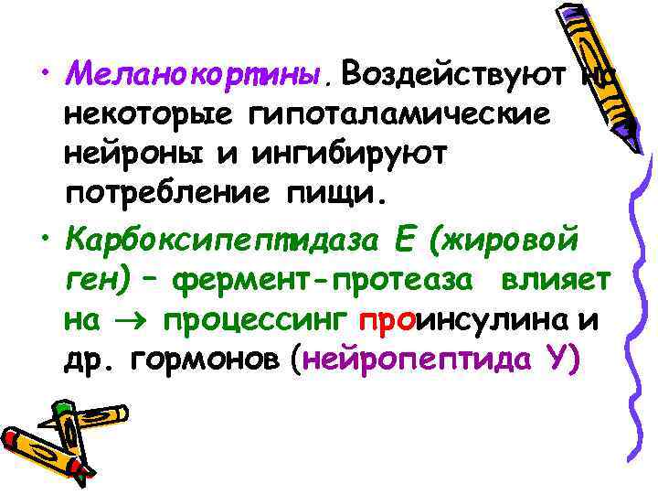  • Меланокортины. Воздействуют на некоторые гипоталамические нейроны и ингибируют потребление пищи. • Карбоксипептидаза