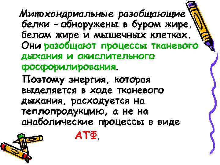 Митохондриальные разобщающие белки – обнаружены в буром жире, белом жире и мышечных клетках. Они