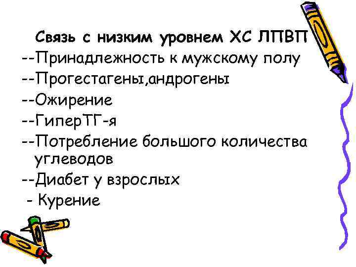 Связь с низким уровнем ХС ЛПВП --Принадлежность к мужскому полу --Прогестагены, андрогены --Ожирение --Гипер.