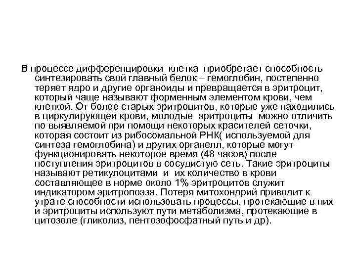 В процессе дифференцировки клетка приобретает способность синтезировать свой главный белок – гемоглобин, постепенно теряет