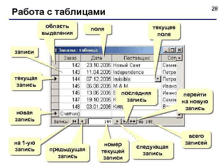 28 Работа с таблицами область выделения текущее поля записи текущая запись последняя запись новая