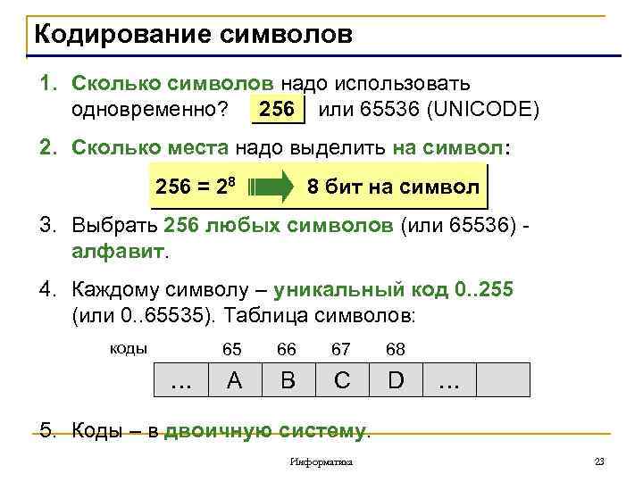 Кодирование символов 1. Сколько символов надо использовать одновременно? 256 или 65536 (UNICODE) 2. Сколько