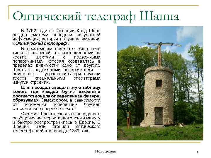Оптический телеграф Шаппа В 1792 году во Франции Клод Шапп создал систему передачи визуальной
