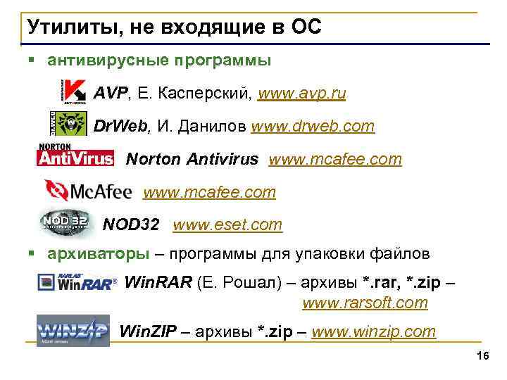 Утилиты, не входящие в ОС § антивирусные программы AVP, Е. Касперский, www. avp. ru