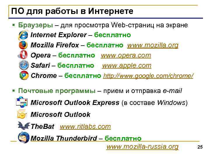 ПО для работы в Интернете § Браузеры – для просмотра Web-страниц на экране Internet