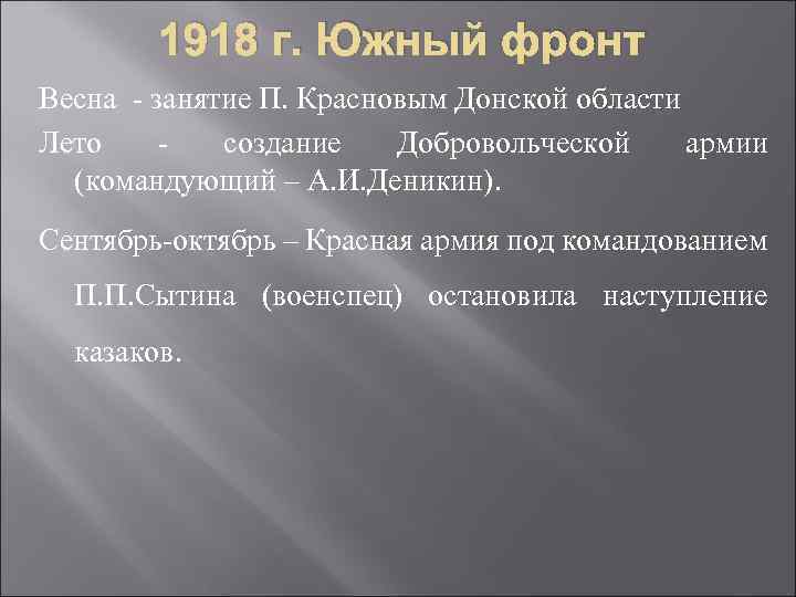 1918 г. Южный фронт Весна - занятие П. Красновым Донской области Лето создание Добровольческой