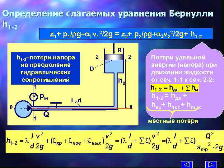 Определение слагаемых уравнения Бернулли h 1 -2 z 1+ p 1/rg+a 1 v 12/2