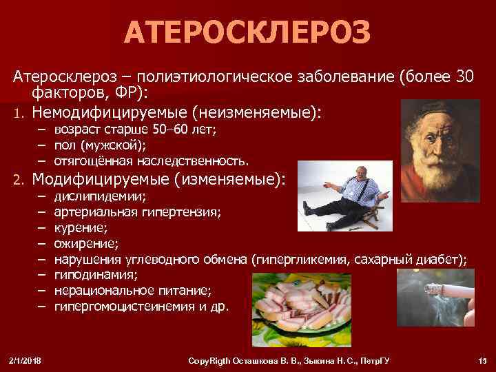 АТЕРОСКЛЕРОЗ Атеросклероз – полиэтиологическое заболевание (более 30 факторов, ФР): 1. Немодифицируемые (неизменяемые): – –