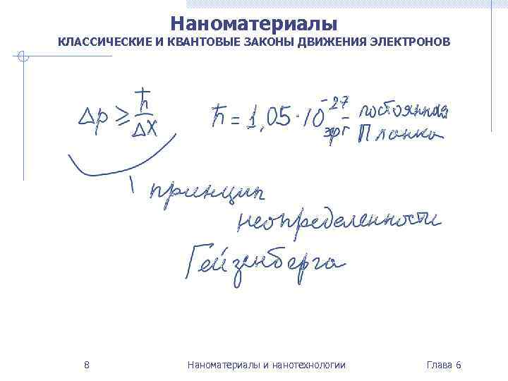 Наноматериалы КЛАССИЧЕСКИЕ И КВАНТОВЫЕ ЗАКОНЫ ДВИЖЕНИЯ ЭЛЕКТРОНОВ 8 Наноматериалы и нанотехнологии Глава 6 