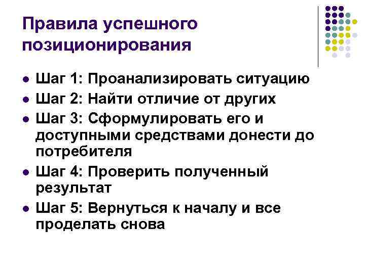 Правила успешного позиционирования l l l Шаг 1: Проанализировать ситуацию Шаг 2: Найти отличие