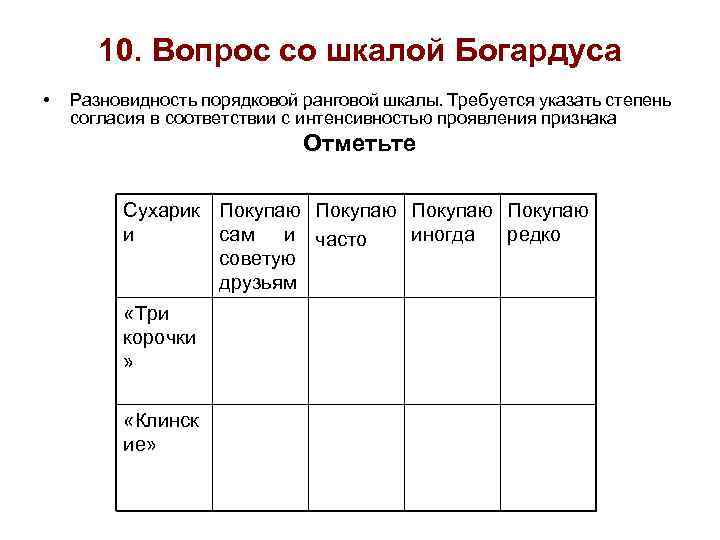10. Вопрос со шкалой Богардуса • Разновидность порядковой ранговой шкалы. Требуется указать степень согласия