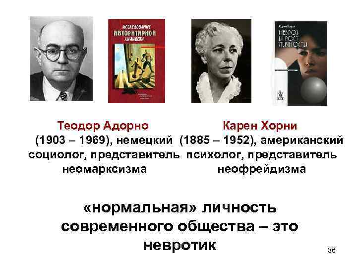 Теодор Адорно Карен Хорни (1903 – 1969), немецкий (1885 – 1952), американский социолог, представитель Теодор Адорно Карен Хорни (1903 – 1969), немецкий (1885 – 1952), американский социолог, представитель
