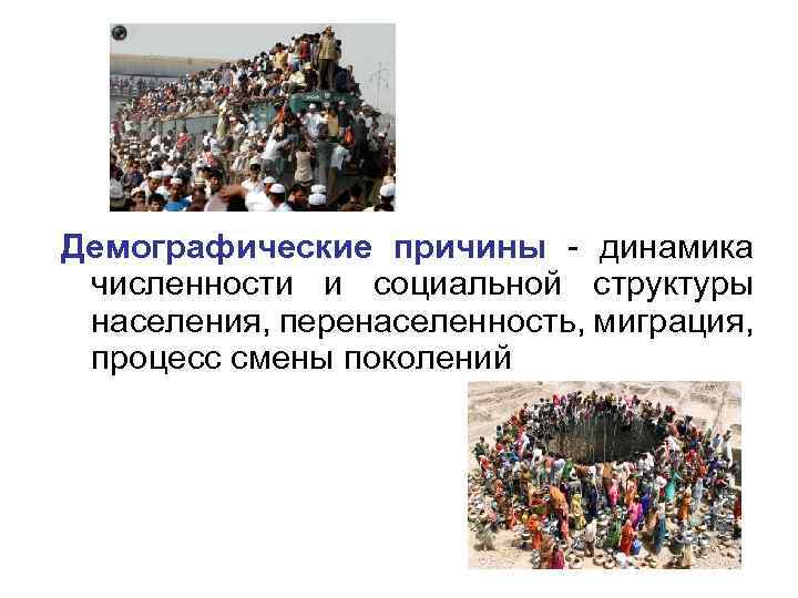 Демографические причины - динамика численности и социальной структуры населения, перенаселенность, миграция, процесс смены поколений