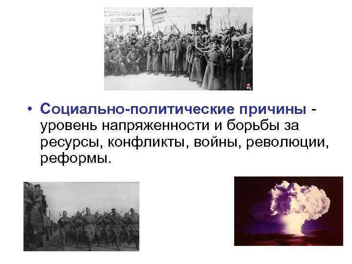  • Социально-политические причины - уровень напряженности и борьбы за ресурсы, конфликты, войны, революции,