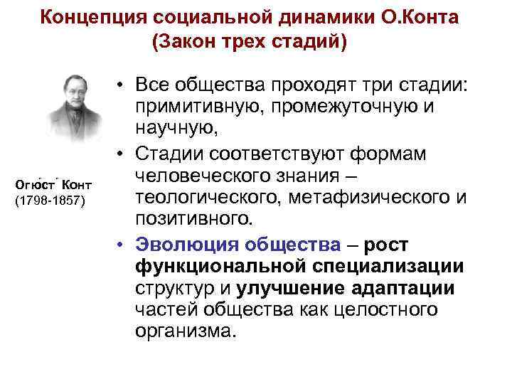 Концепция социальной динамики О. Конта (Закон трех стадий) Огю ст Конт (1798 -1857) •
